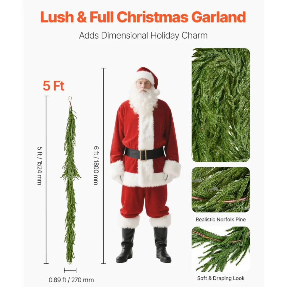 VEVOR Christmas Garland, 5-FT Realistic Norfolk Pine Garland, Evergreen Real Touch Artificial Faux Greenery Garlands, for Holiday Indoor Outdoor Xmas Decoration on Table, Mantel, and Fireplace