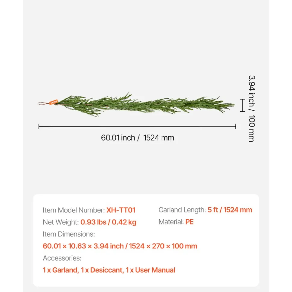 VEVOR Christmas Garland, 5-FT Realistic Norfolk Pine Garland, Evergreen Real Touch Artificial Faux Greenery Garlands, for Holiday Indoor Outdoor Xmas Decoration on Table, Mantel, and Fireplace