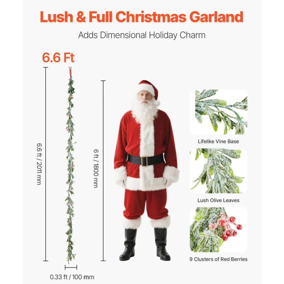 VEVOR Christmas Garland, 6.6-FT Realistic Greenery Decorated with Vines, Olive Leaves, and Berries, Evergreen Faux Garlands with Light String for Indoor Outdoor Xmas Decoration on Mantel Fireplace