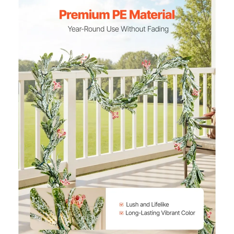 VEVOR Christmas Garland, 6.6-FT Realistic Greenery Decorated with Vines, Olive Leaves, and Berries, Evergreen Faux Garlands with Light String for Indoor Outdoor Xmas Decoration on Mantel Fireplace