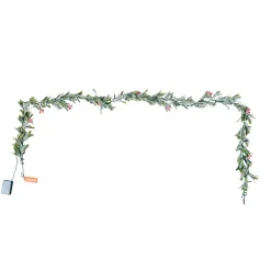 VEVOR Christmas Garland, 6.6-FT Realistic Greenery Decorated with Vines, Olive Leaves, and Berries, Evergreen Faux Garlands with Light String for Indoor Outdoor Xmas Decoration on Mantel Fireplace