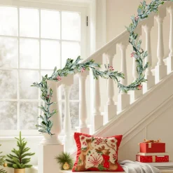 VEVOR Christmas Garland, 6.6-FT Realistic Greenery Decorated with Vines, Olive Leaves, and Berries, Evergreen Faux Garlands with Light String for Indoor Outdoor Xmas Decoration on Mantel Fireplace