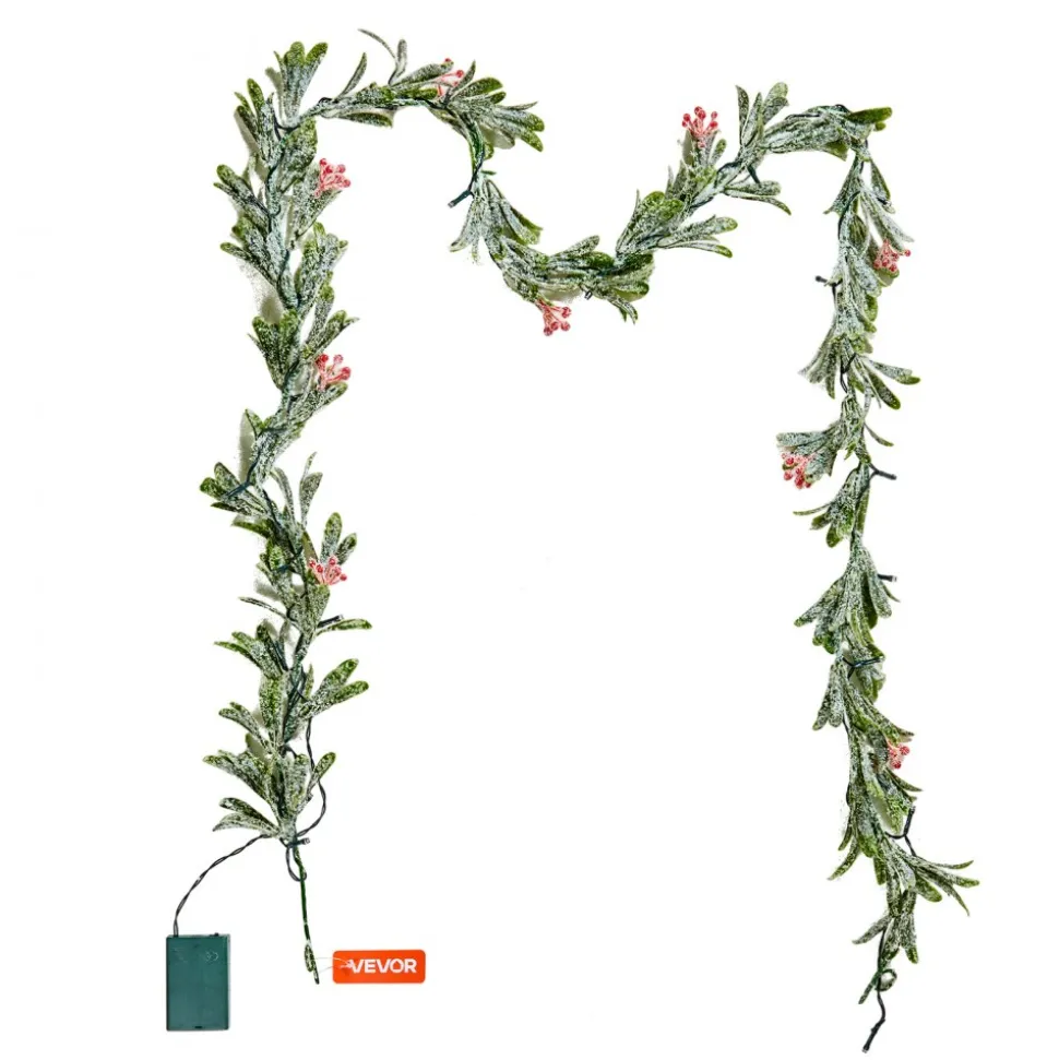 VEVOR Christmas Garland, 6.6-FT Realistic Greenery Decorated with Vines, Olive Leaves, and Berries, Evergreen Faux Garlands with Light String for Indoor Outdoor Xmas Decoration on Mantel Fireplace