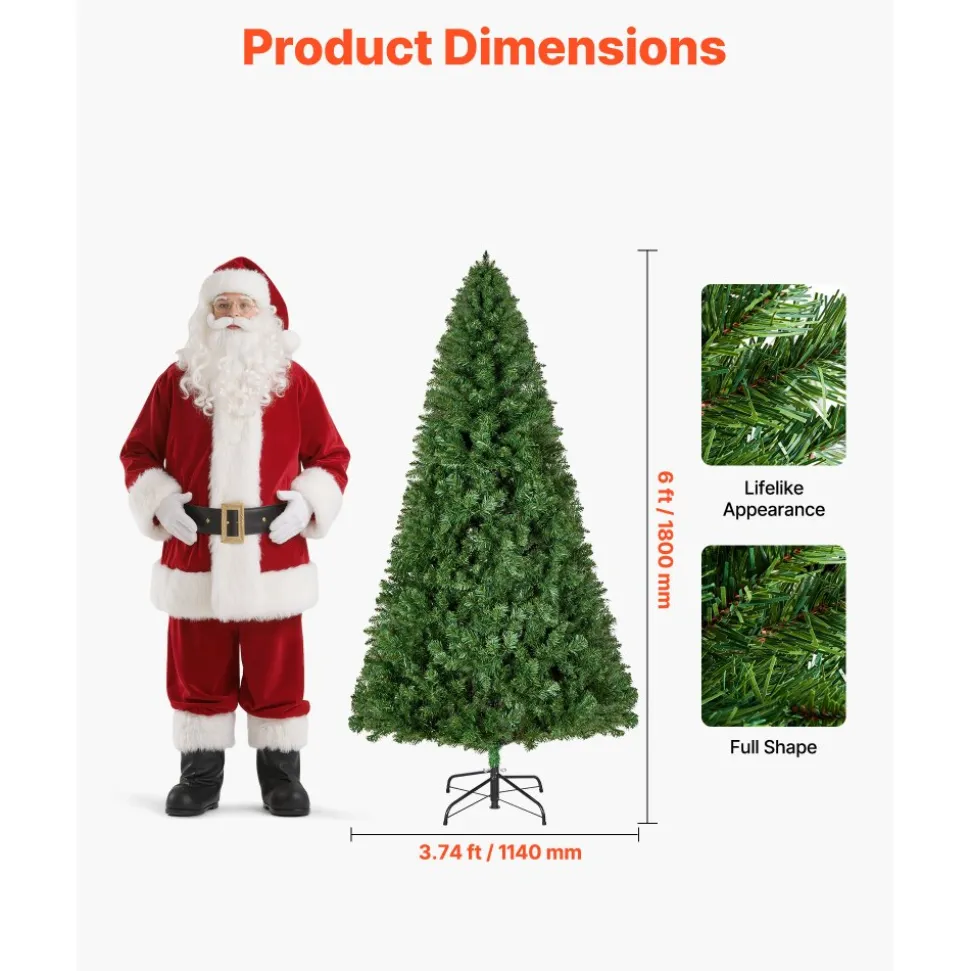 VEVOR Christmas Tree, 6ft Artificial Xmas Tree, Full Holiday Decor Trees with 1250 Branch Tips & Sturdy Metal Base for Home Party Office Decoration