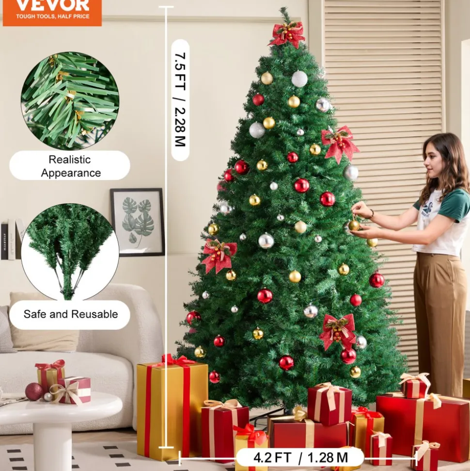 VEVOR Christmas Tree, 7.5ft Artificial Xmas Tree, Full Holiday Decor Tree with 1346 Branch Tips and Metal Base for Home Party Office Decoration