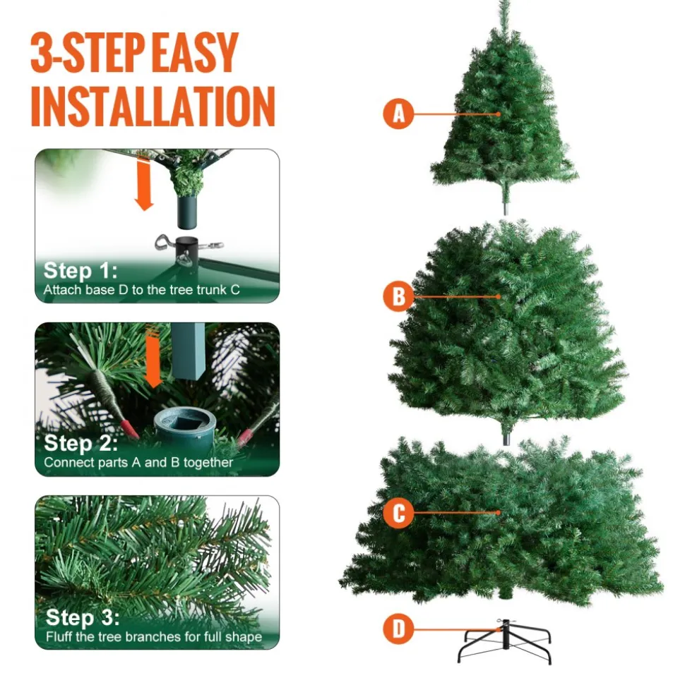 VEVOR Christmas Tree, 7.5ft Artificial Xmas Tree, Full Holiday Decor Tree with 1346 Branch Tips and Metal Base for Home Party Office Decoration