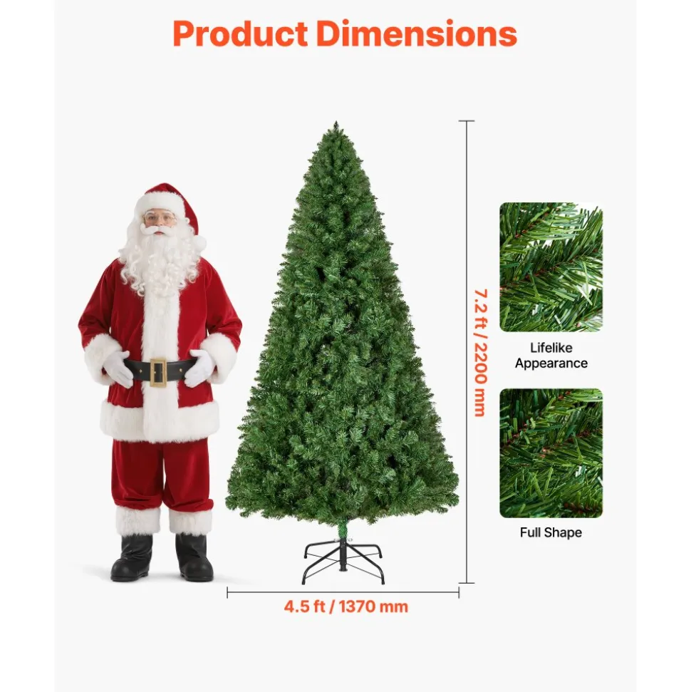 VEVOR Christmas Tree, 7.2ft Artificial Xmas Tree, Full Holiday Decor Trees with 1346 Branch Tips & Sturdy Metal Base for Home Party Office Decoration
