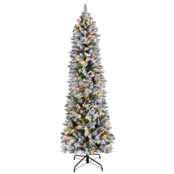 VEVOR Christmas Tree, 6ft Prelit Flocked Artificial Tree, Full Holiday Xmas Deco Trees with 240 Colorful LED Lights, 11 Lighting Modes & 635 Branch Tips for Home Party Office Decoration