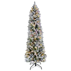 VEVOR Christmas Tree, 6ft Prelit Flocked Artificial Tree, Full Holiday Xmas Deco Trees with 240 Colorful LED Lights, 11 Lighting Modes & 635 Branch Tips for Home Party Office Decoration