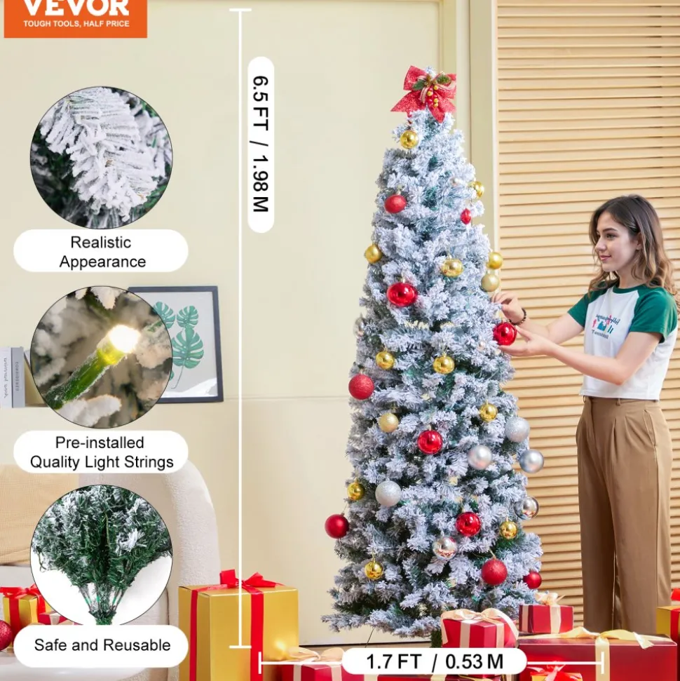 VEVOR Christmas Tree, 4ft Prelit Flocked Artificial Tree, Full Holiday Xmas Deco Trees with 120 Warm White LED Lights, 8 Lighting Modes & 539 Branch Tips for Home Party Office Decoration
