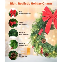 VEVOR Christmas Wreath, 24 Inches Pre-Lit Artificial Christmas Wreath with 50 LED Lights and Timer, Decorated with Pine Cones, Red Berry Clusters, Holly Leaves, Suitable for Fireplace Door Window