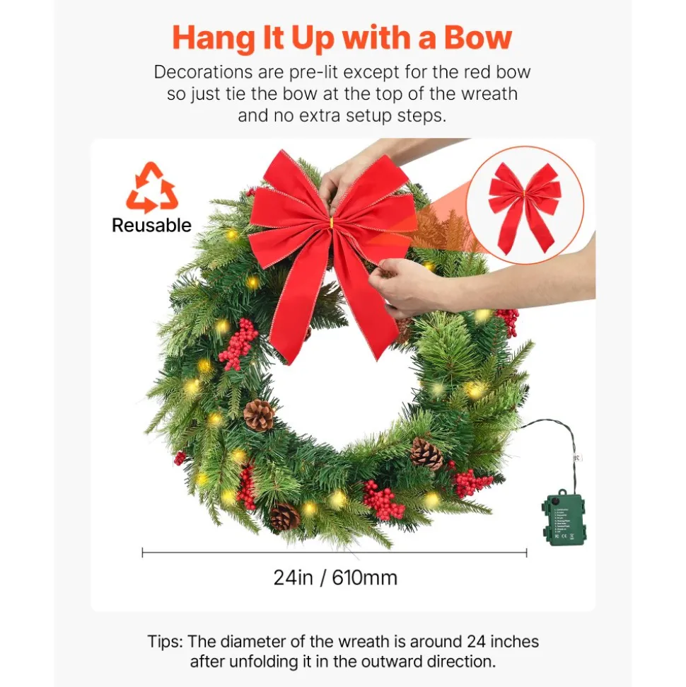 VEVOR Christmas Wreath, 24 Inches Pre-Lit Artificial Christmas Wreath with 50 LED Lights and Timer, Decorated with Pine Cones, Red Berry Clusters, Holly Leaves, Suitable for Fireplace Door Window