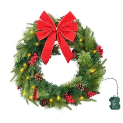 VEVOR Christmas Wreath, 24 Inches Pre-Lit Artificial Christmas Wreath with 50 LED Lights and Timer, Decorated with Pine Cones, Red Berry Clusters, Holly Leaves, Suitable for Fireplace Door Window