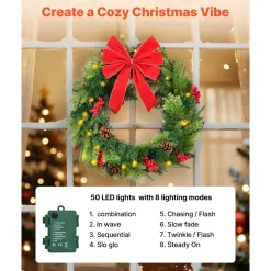 VEVOR Christmas Wreath, 24 Inches Pre-Lit Artificial Christmas Wreath with 50 LED Lights and Timer, Decorated with Pine Cones, Red Berry Clusters, Holly Leaves, Suitable for Fireplace Door Window