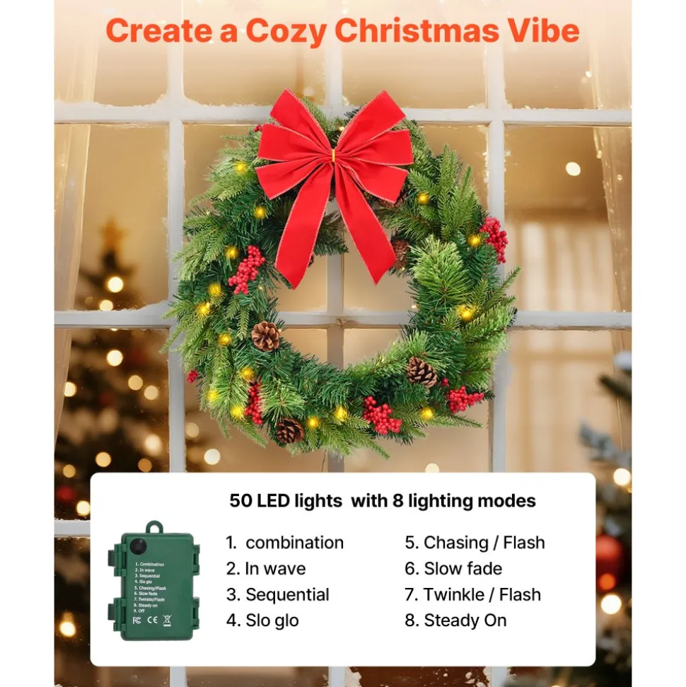 VEVOR Christmas Wreath, 24 Inches Pre-Lit Artificial Christmas Wreath with 50 LED Lights and Timer, Decorated with Pine Cones, Red Berry Clusters, Holly Leaves, Suitable for Fireplace Door Window