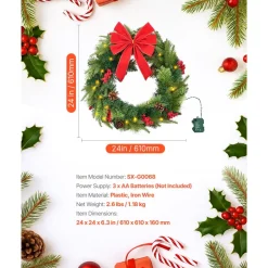 VEVOR Christmas Wreath, 24 Inches Pre-Lit Artificial Christmas Wreath with 50 LED Lights and Timer, Decorated with Pine Cones, Red Berry Clusters, Holly Leaves, Suitable for Fireplace Door Window