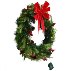 VEVOR Christmas Wreath, 24 Inches Pre-Lit Artificial Christmas Wreath with 50 LED Lights and Timer, Decorated with Pine Cones, Red Berry Clusters, Holly Leaves, Suitable for Fireplace Door Window