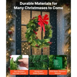 VEVOR Christmas Wreath, 24 Inches Pre-Lit Artificial Christmas Wreath with 50 LED Lights and Timer, Decorated with Pine Cones, Red Berry Clusters, Holly Leaves, Suitable for Fireplace Door Window