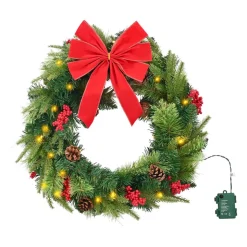 VEVOR Christmas Wreath, 24 Inches Pre-Lit Artificial Christmas Wreath with 50 LED Lights and Timer, Decorated with Pine Cones, Red Berry Clusters, Holly Leaves, Suitable for Fireplace Door Window