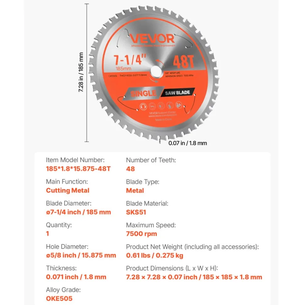 VEVOR Circular Saw Blade, 10 inch Diameter, 50 Sharp Alloy Teeth, 5/8 inch Arbor, Fine Finish, Wood Cutting Blade for Circular Saw, with Noise-Reducing Heat Vents, for Cutting Plywood, OSB, Hardwood