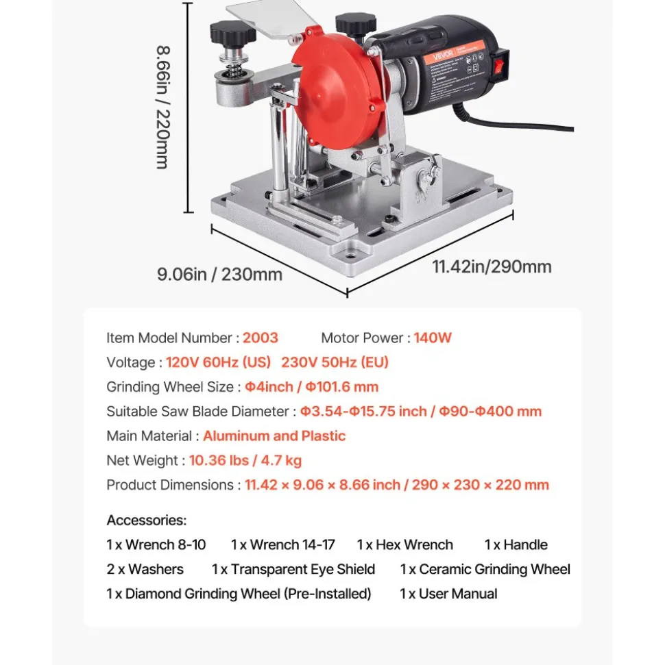 VEVOR Circular Saw Blade Sharpener, 140W 3800RPM Electric Saw Blade Sharpening Machine with 4" Ceramic & Diamond Grinding Wheels - Fits 3.5" to 15.7" Diameter Circular Saw Blades