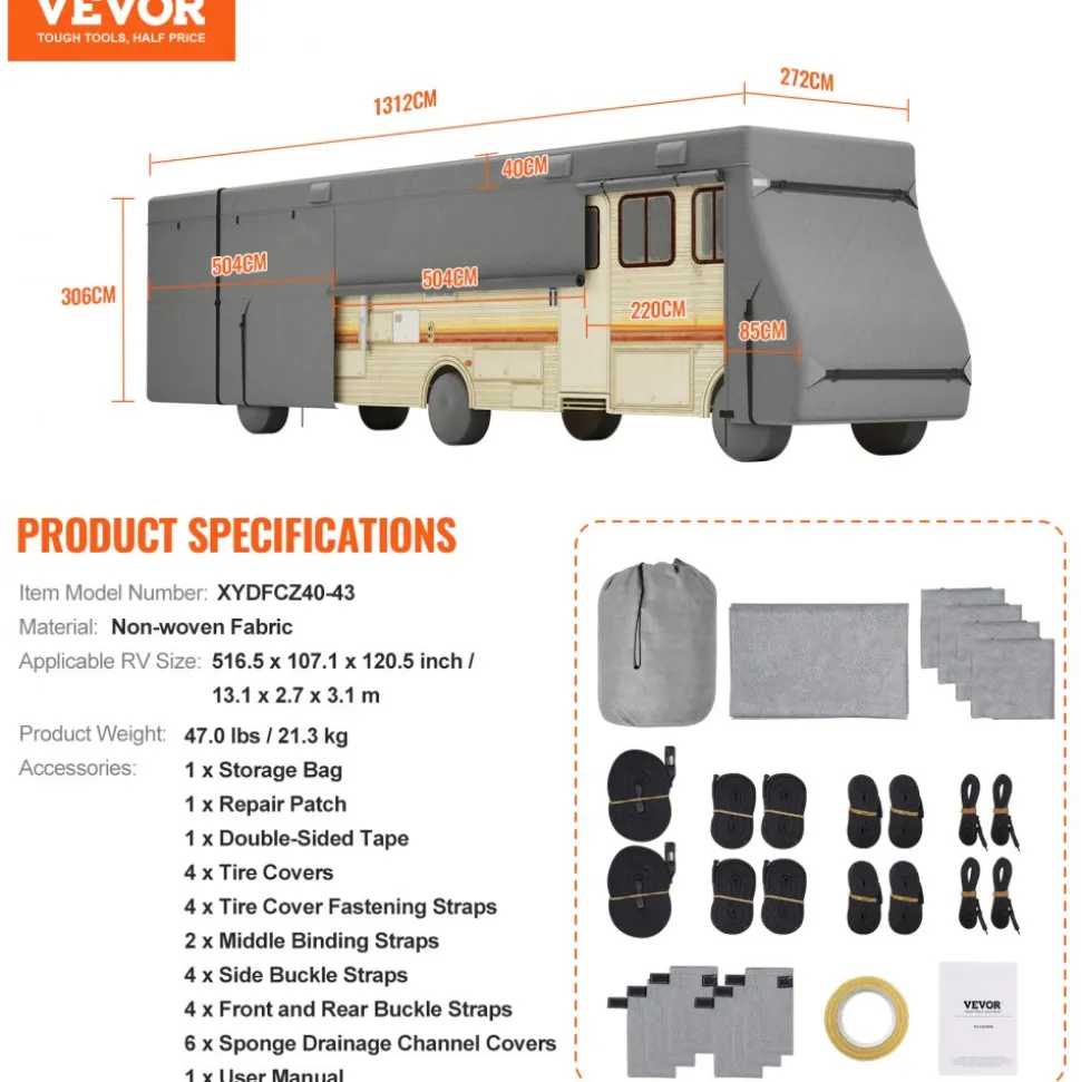 VEVOR Class A RV Cover, 40-43 ft Motorhome Cover, Non-woven Fabric Motorhome RV Cover, Waterproof, Windproof and Rip-Stop, Camper Cover with Storage Bag, Repair Patches, Straps and Tire Covers