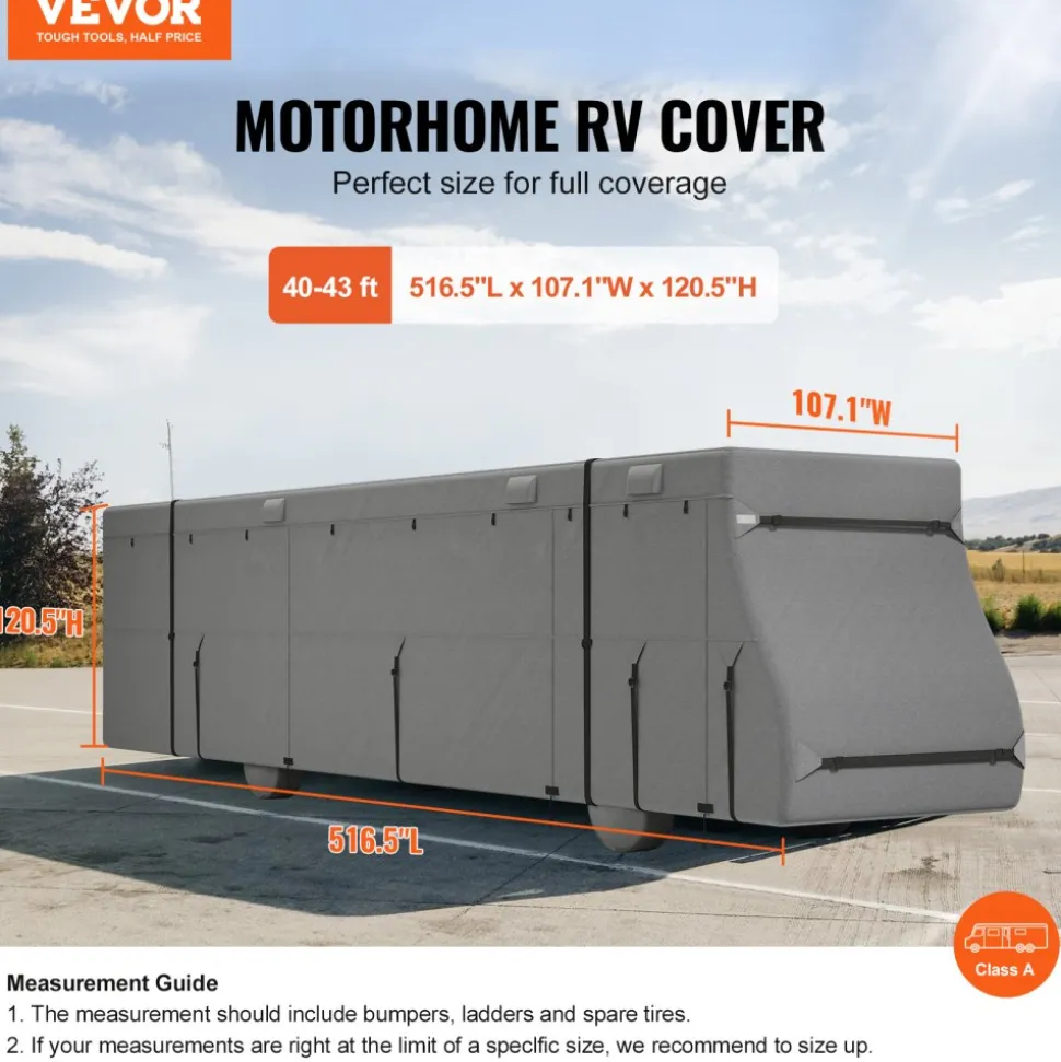VEVOR Class A RV Cover, 40-43 ft Motorhome Cover, Non-woven Fabric Motorhome RV Cover, Waterproof, Windproof and Rip-Stop, Camper Cover with Storage Bag, Repair Patches, Straps and Tire Covers