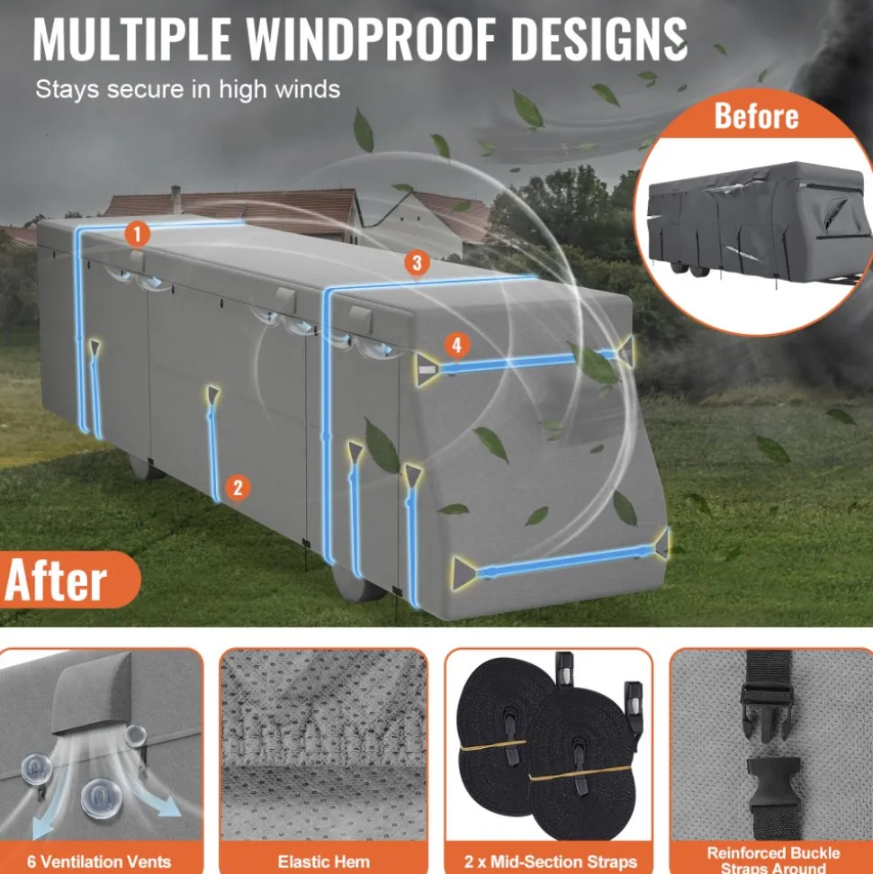VEVOR Class A RV Cover, 40-43 ft Motorhome Cover, Non-woven Fabric Motorhome RV Cover, Waterproof, Windproof and Rip-Stop, Camper Cover with Storage Bag, Repair Patches, Straps and Tire Covers