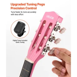 VEVOR Classical Guitar, 30 Inch, Wood Classical Guitar Starter Kit for Beginners, with Nylon Strings, Gig Bag, Strap, Tuner, Extra Strings, Picks, Capo, Basswood, for Kids Girls Boys Students, Pink