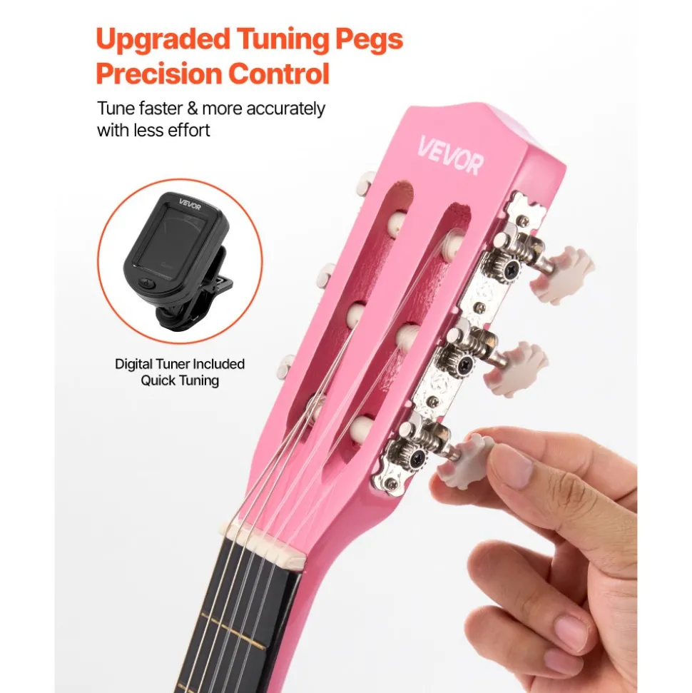 VEVOR Classical Guitar, 30 Inch, Wood Classical Guitar Starter Kit for Beginners, with Nylon Strings, Gig Bag, Strap, Tuner, Extra Strings, Picks, Capo, Basswood, for Kids Girls Boys Students, Pink