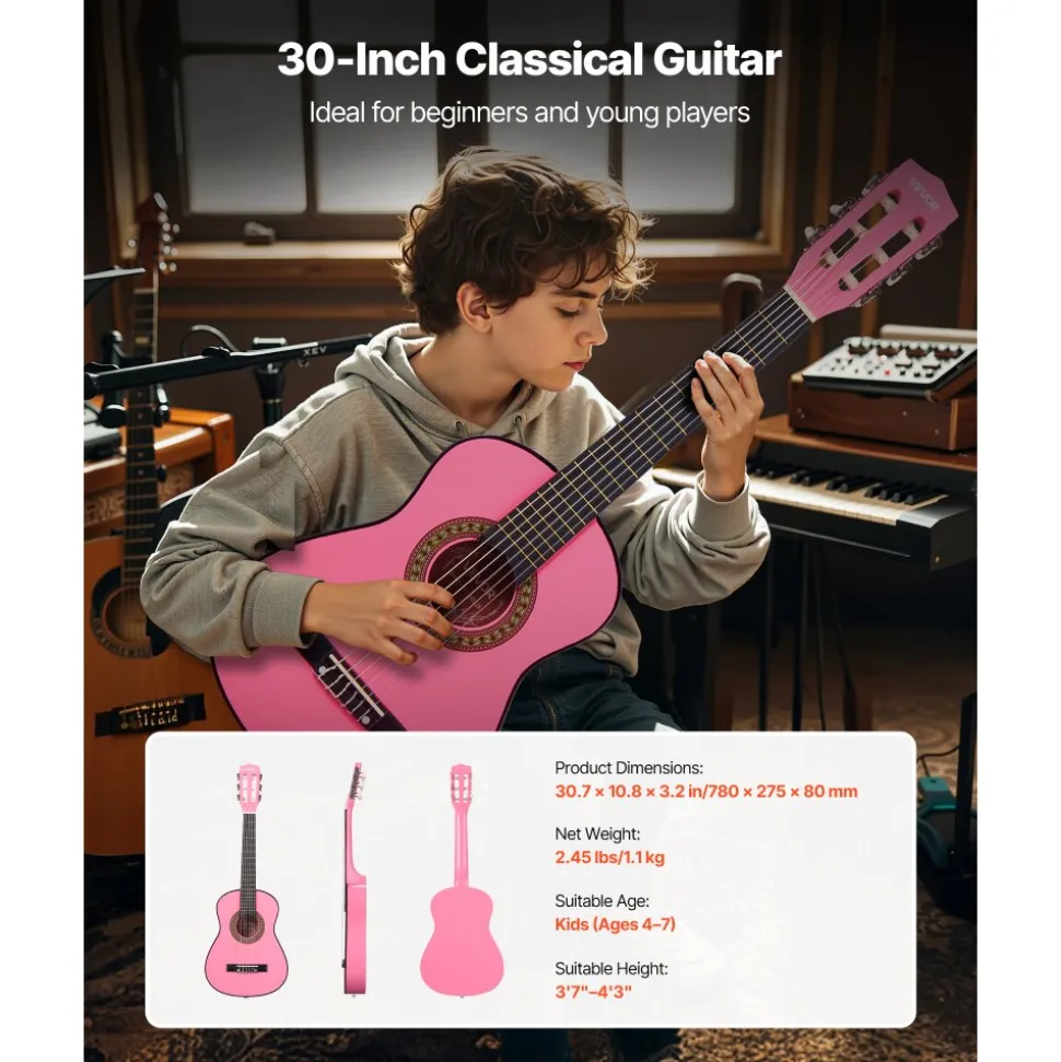 VEVOR Classical Guitar, 30 Inch, Wood Classical Guitar Starter Kit for Beginners, with Nylon Strings, Gig Bag, Strap, Tuner, Extra Strings, Picks, Capo, Basswood, for Kids Girls Boys Students, Pink