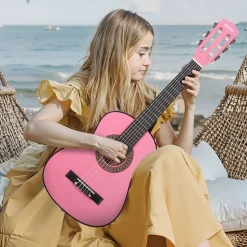 VEVOR Classical Guitar, 30 Inch, Wood Classical Guitar Starter Kit for Beginners, with Nylon Strings, Gig Bag, Strap, Tuner, Extra Strings, Picks, Capo, Basswood, for Kids Girls Boys Students, Pink