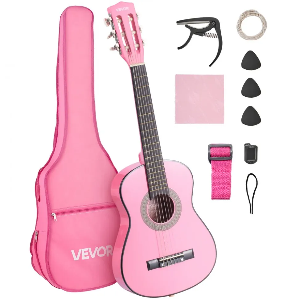 VEVOR Classical Guitar, 30 Inch, Wood Classical Guitar Starter Kit for Beginners, with Nylon Strings, Gig Bag, Strap, Tuner, Extra Strings, Picks, Capo, Basswood, for Kids Girls Boys Students, Pink