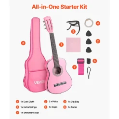 VEVOR Classical Guitar, 30 Inch, Wood Classical Guitar Starter Kit for Beginners, with Nylon Strings, Gig Bag, Strap, Tuner, Extra Strings, Picks, Capo, Basswood, for Kids Girls Boys Students, Pink