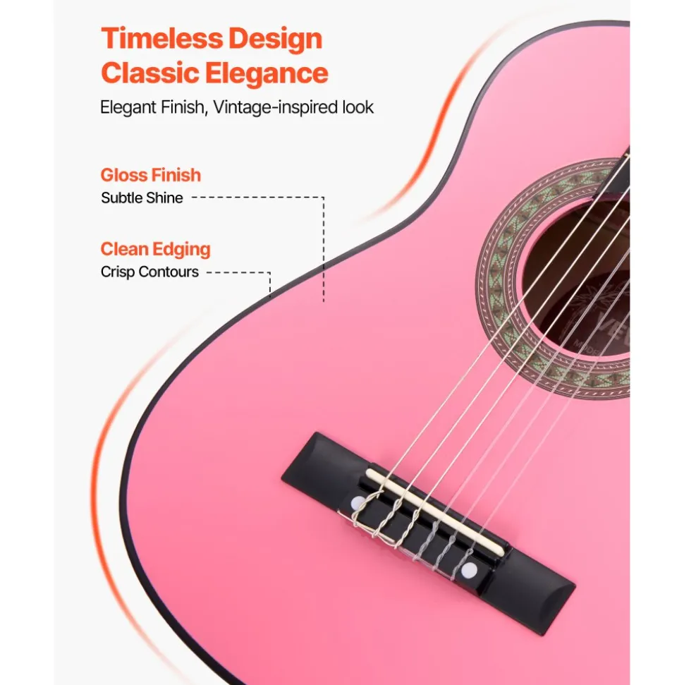 VEVOR Classical Guitar, 30 Inch, Wood Classical Guitar Starter Kit for Beginners, with Nylon Strings, Gig Bag, Strap, Tuner, Extra Strings, Picks, Capo, Basswood, for Kids Girls Boys Students, Pink