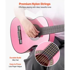 VEVOR Classical Guitar, 30 Inch, Wood Classical Guitar Starter Kit for Beginners, with Nylon Strings, Gig Bag, Strap, Tuner, Extra Strings, Picks, Capo, Basswood, for Kids Girls Boys Students, Pink