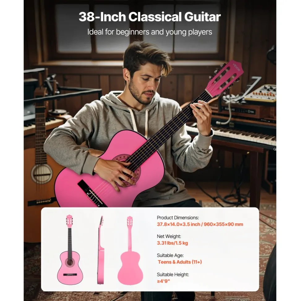 VEVOR Classical Guitar, 38 Inch, Wood Classical Guitar Starter Kit for Beginners, with Nylon Strings, Gig Bag, Strap, Tuner, Extra Strings, Picks, Capo, Basswood, for Teenagers Adults Students, Pink