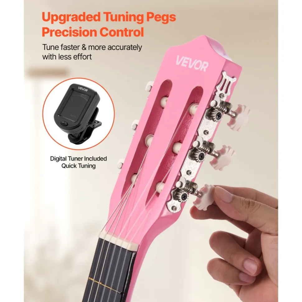 VEVOR Classical Guitar, 38 Inch, Wood Classical Guitar Starter Kit for Beginners, with Nylon Strings, Gig Bag, Strap, Tuner, Extra Strings, Picks, Capo, Basswood, for Teenagers Adults Students, Pink