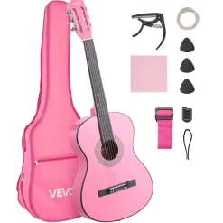 VEVOR Classical Guitar, 38 Inch, Wood Classical Guitar Starter Kit for Beginners, with Nylon Strings, Gig Bag, Strap, Tuner, Extra Strings, Picks, Capo, Basswood, for Teenagers Adults Students, Pink
