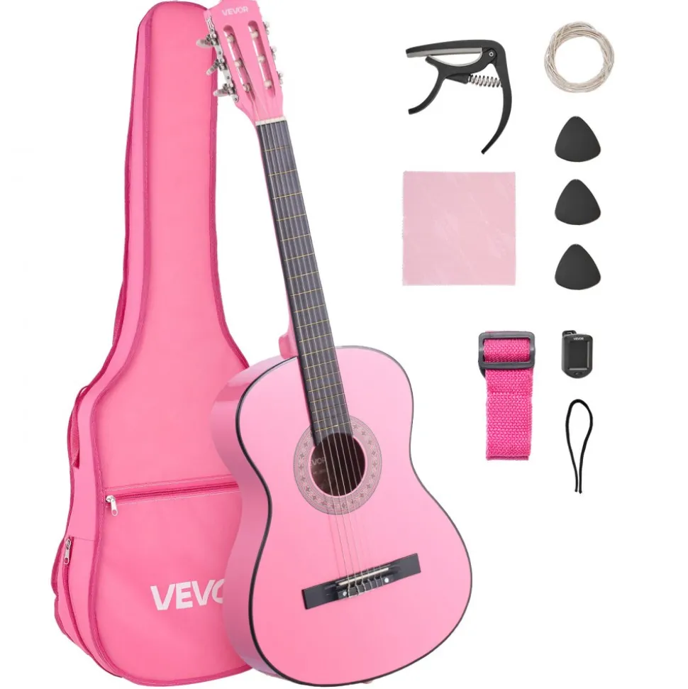 VEVOR Classical Guitar, 38 Inch, Wood Classical Guitar Starter Kit for Beginners, with Nylon Strings, Gig Bag, Strap, Tuner, Extra Strings, Picks, Capo, Basswood, for Teenagers Adults Students, Pink