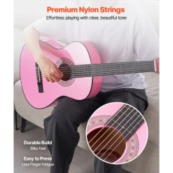 VEVOR Classical Guitar, 38 Inch, Wood Classical Guitar Starter Kit for Beginners, with Nylon Strings, Gig Bag, Strap, Tuner, Extra Strings, Picks, Capo, Basswood, for Teenagers Adults Students, Pink