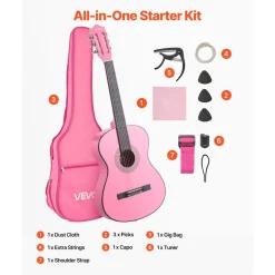 VEVOR Classical Guitar, 38 Inch, Wood Classical Guitar Starter Kit for Beginners, with Nylon Strings, Gig Bag, Strap, Tuner, Extra Strings, Picks, Capo, Basswood, for Teenagers Adults Students, Pink