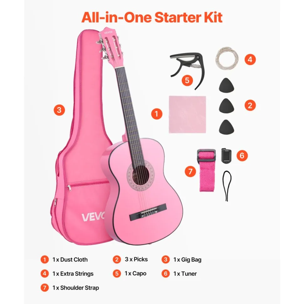 VEVOR Classical Guitar, 38 Inch, Wood Classical Guitar Starter Kit for Beginners, with Nylon Strings, Gig Bag, Strap, Tuner, Extra Strings, Picks, Capo, Basswood, for Teenagers Adults Students, Pink