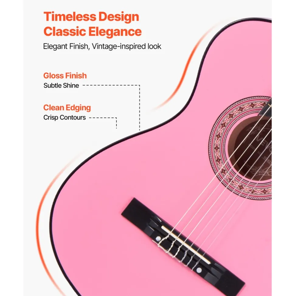 VEVOR Classical Guitar, 38 Inch, Wood Classical Guitar Starter Kit for Beginners, with Nylon Strings, Gig Bag, Strap, Tuner, Extra Strings, Picks, Capo, Basswood, for Teenagers Adults Students, Pink