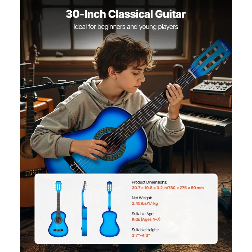 VEVOR Classical Guitar, 30 Inch, Wood Classical Guitar Starter Kit for Beginners, with Nylon Strings, Gig Bag, Strap, Tuner, Extra Strings, Picks, Capo, Basswood, for Kids Girls Boys Students, Blue