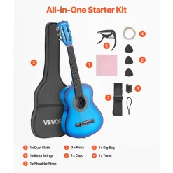 VEVOR Classical Guitar, 30 Inch, Wood Classical Guitar Starter Kit for Beginners, with Nylon Strings, Gig Bag, Strap, Tuner, Extra Strings, Picks, Capo, Basswood, for Kids Girls Boys Students, Blue