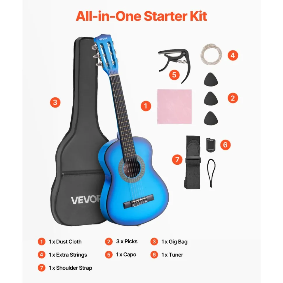 VEVOR Classical Guitar, 30 Inch, Wood Classical Guitar Starter Kit for Beginners, with Nylon Strings, Gig Bag, Strap, Tuner, Extra Strings, Picks, Capo, Basswood, for Kids Girls Boys Students, Blue