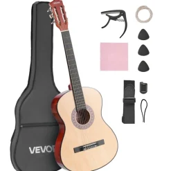 VEVOR Classical Guitar, 30 Inch, Wood Classical Guitar Starter Kit for Beginners, with Nylon Strings, Gig Bag, Strap, Tuner, Extra Strings, Picks, Capo, Basswood, for Kids Girls Boys Students, Black