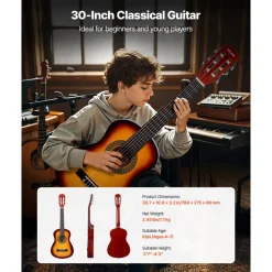 VEVOR Classical Guitar, 30 Inch, Wood Classical Guitar Starter Kit for Beginners, with Nylon Strings, Gig Bag, Strap, Tuner, Extra Strings, Picks, Capo, Basswood, for Kids Girls Boys Students, Natural