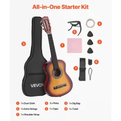 VEVOR Classical Guitar, 30 Inch, Wood Classical Guitar Starter Kit for Beginners, with Nylon Strings, Gig Bag, Strap, Tuner, Extra Strings, Picks, Capo, Basswood, for Kids Girls Boys Students, Natural